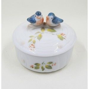 Takahashi Bluebird Porcelain Lidded Trinket Powder Dresser Box